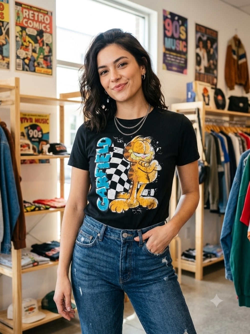 Nickelodeon Garfield Checkered Flag Graphic Tee Size M Black Short Sleeve Shirt
